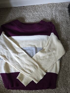 Lucky Brand Plum, Cream & Light Gray Striped Crewneck Sweater
